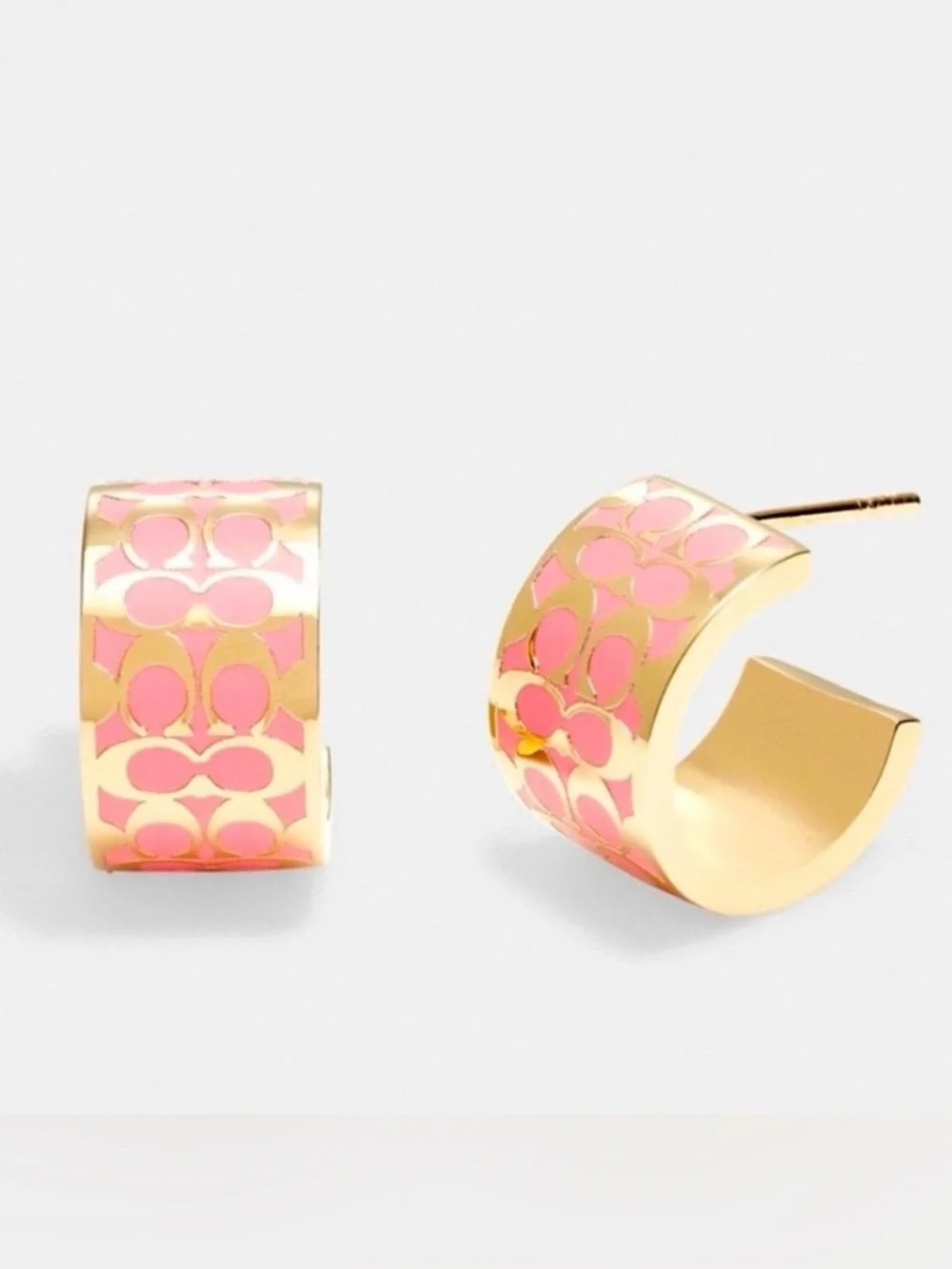 Coach Signature C Pattern Pink and Gold Enamel Huggie Earrings NWT - Picture 2 of 7